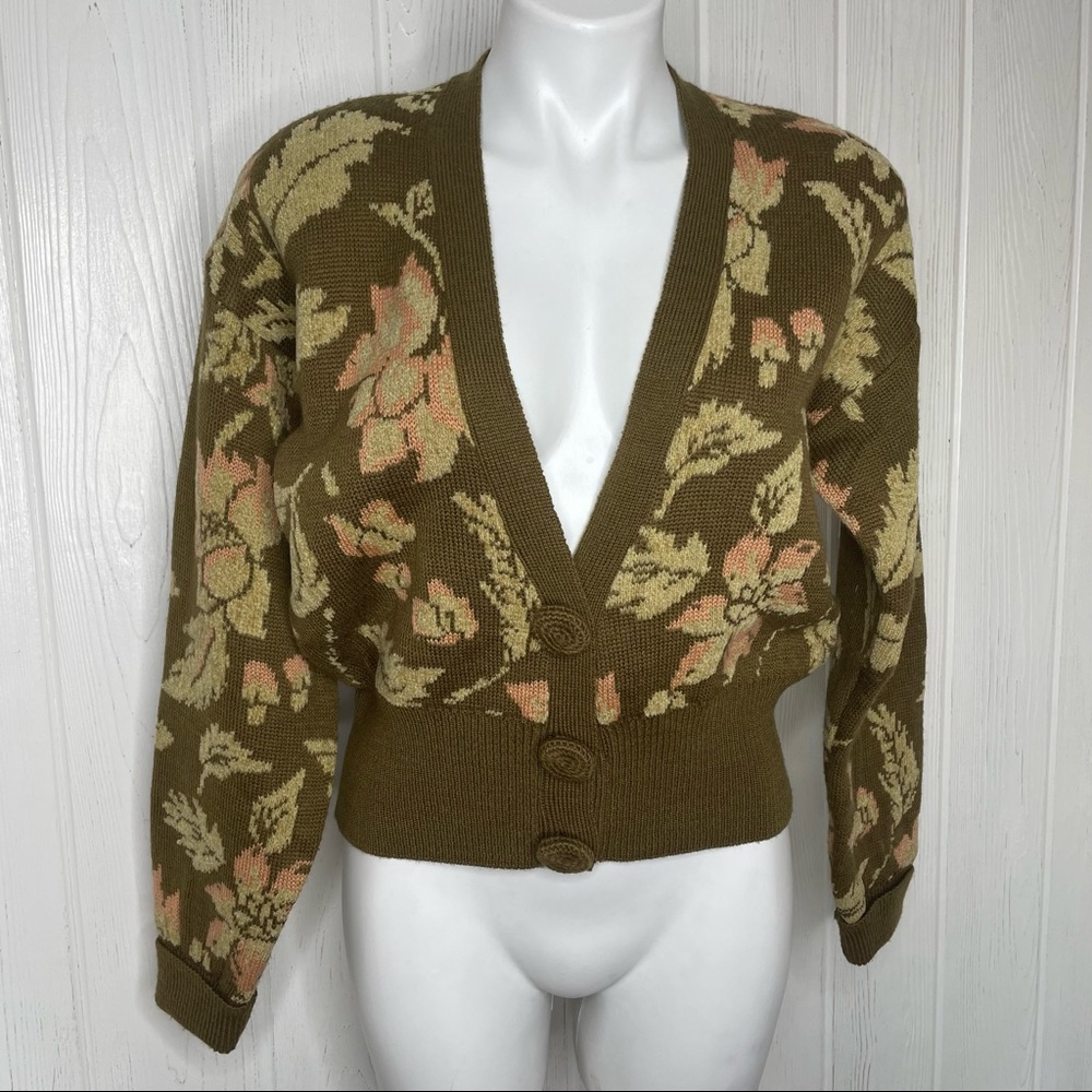 Diversity Vintage Cardigan Sweater Floral Medium Petite Brown Pink Tan Wool